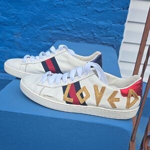 Gucci White Sneakers with Gold and Red Accents
